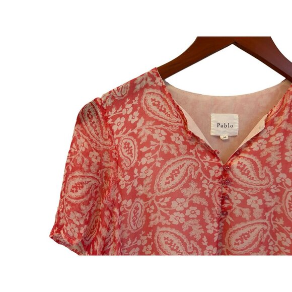 Pablo Dress Red Paisley & Floral Short Sleeve Buttoned Midi Summer  Size 36 - Picture 3 of 10